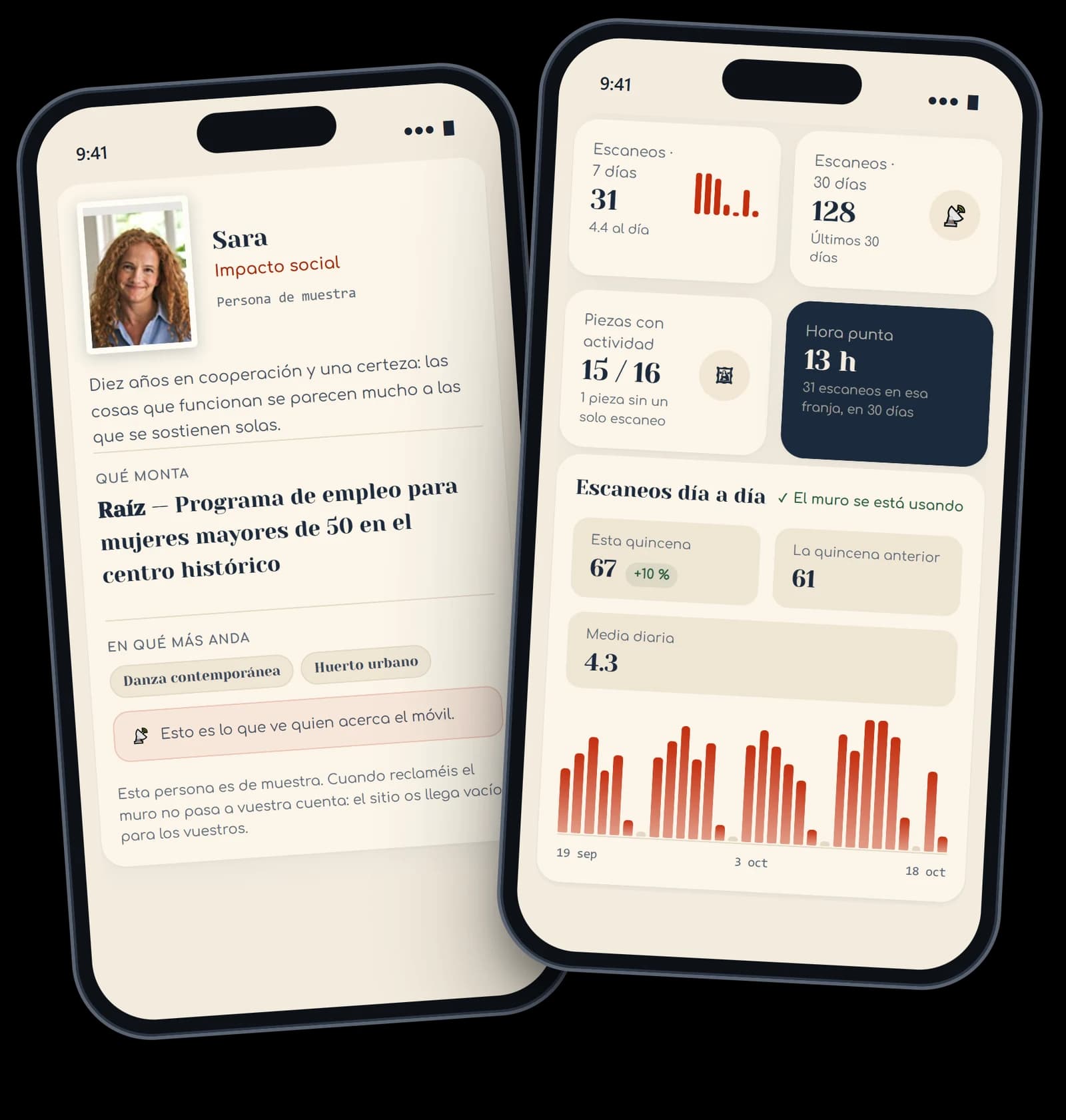 Two phones with real app screenshots: on the left a sample person’s profile, on the right the dashboard with daily scans