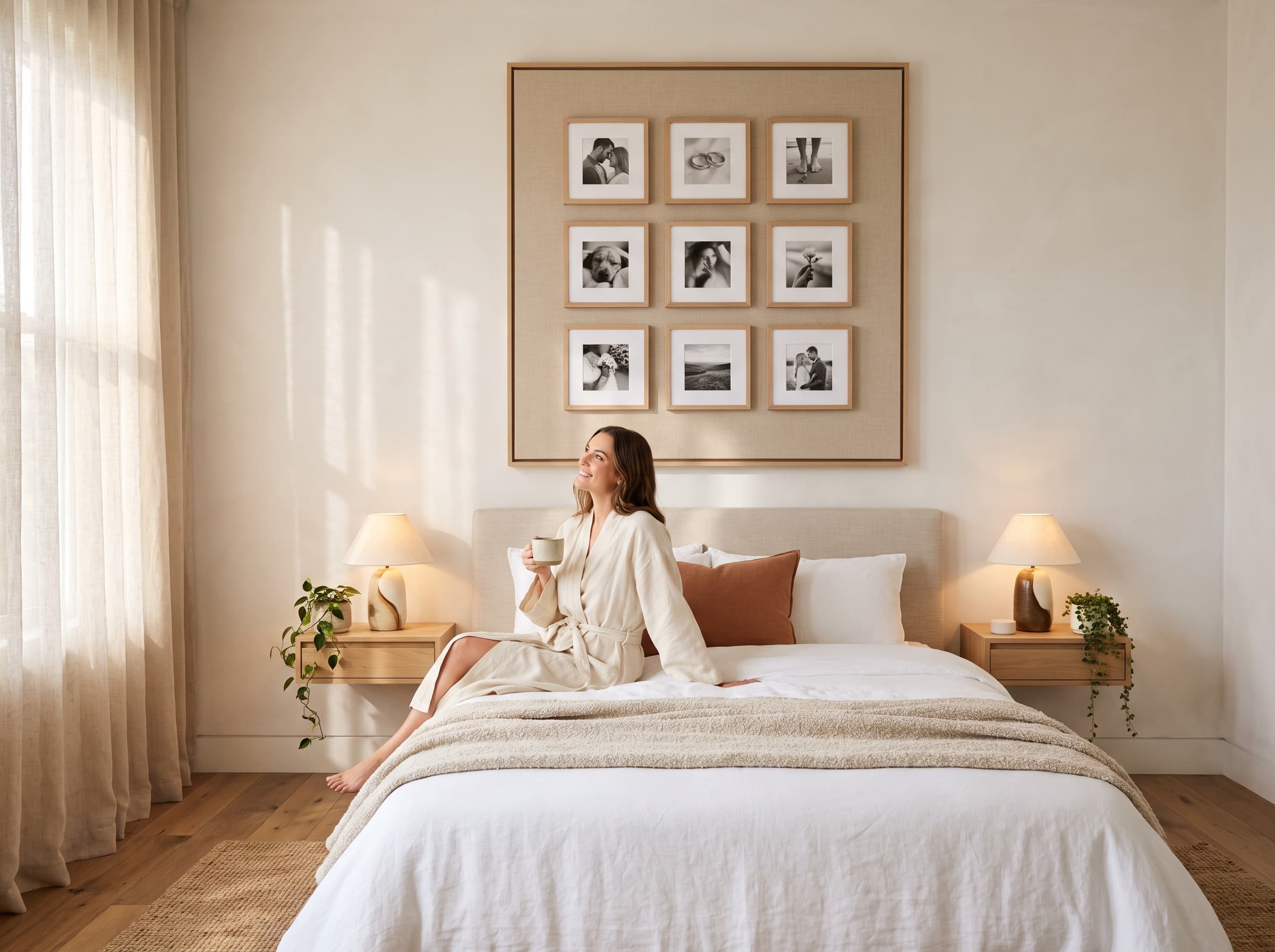 Freya · 102 × 102 über dem Kopfteil. Neun Quadrate 20 × 20 in drei Reihen zu dritt. Diese gibt es nicht als Paket: sie ist eine Wand nach Maß.